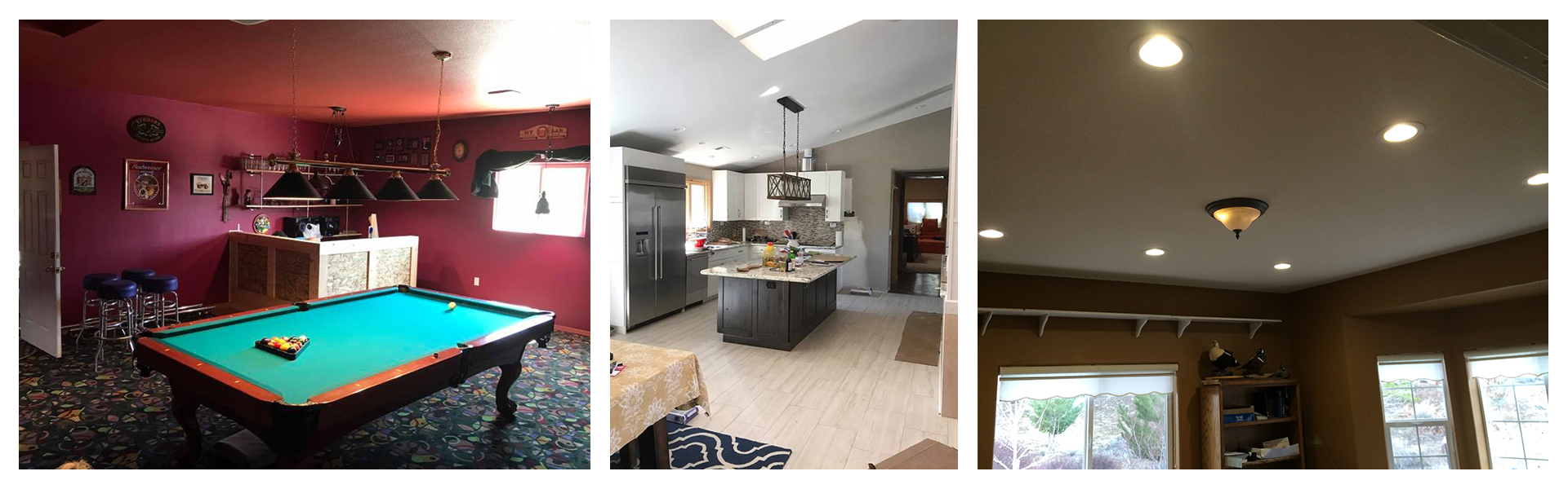 Three examples of work - pendant light over pool table, pendant light over kitchen island, can lights in vaulted ceiling 